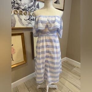 LULUS Transatlantic Voyage Blue and Ivory Striped Midi Dress